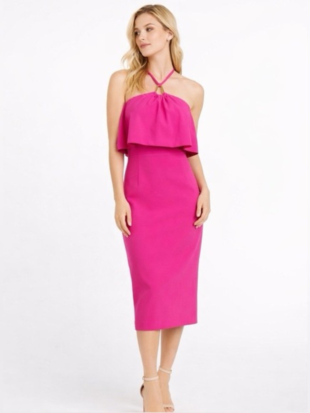 NWT Trina Turk Soozy Dress Pink Strapless Ruffle Halter Midi Size 6 Party Resort